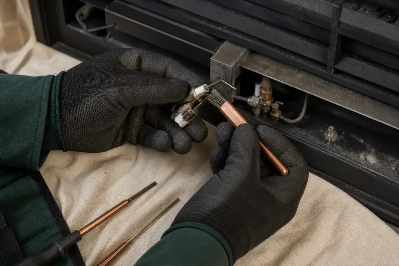 Gloved hands cleaning the spark igniter beside a pilot assembly; illustrative image