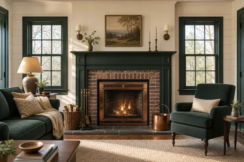 A warm living room with a vented gas log set in a masonry firebox glowing softly behind its glass, no one present; illustrative image