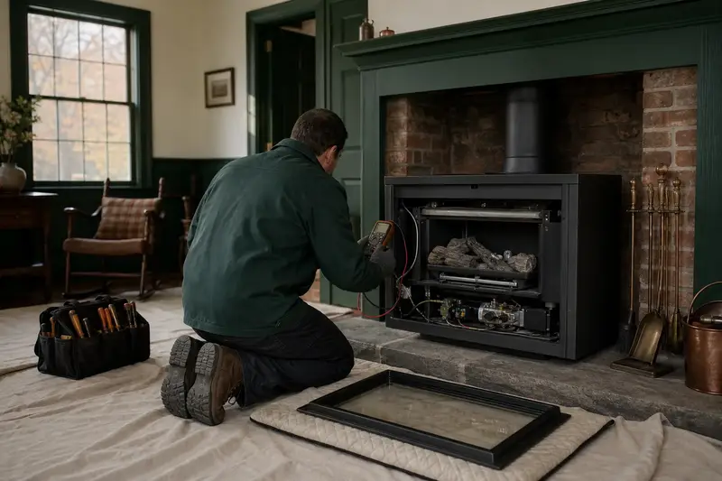 A technician kneeling at a freestanding gas stove with the glass front removed, testing the controls with a multimeter; illustrative image