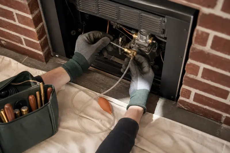 Gloved hands holding a manometer probe at the gas valve beneath a gas insert set in a brick opening; illustrative image