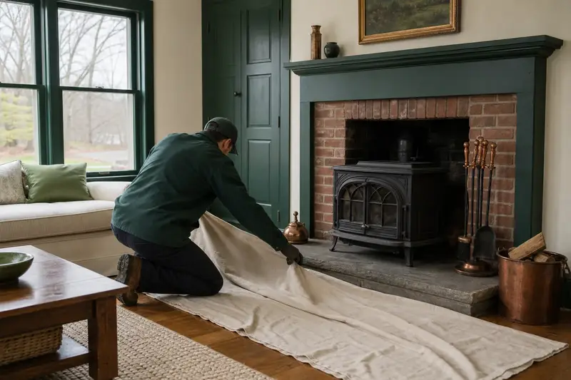 A technician laying drop cloths before servicing a cast-iron wood stove on a stone hearth pad, the fireplace cold; illustrative image