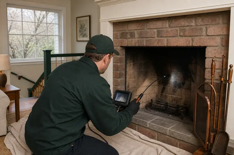 A technician guiding an inspection camera into the smoke chamber of an open masonry wood-burning fireplace, the fireplace cold and unlit; illustrative image