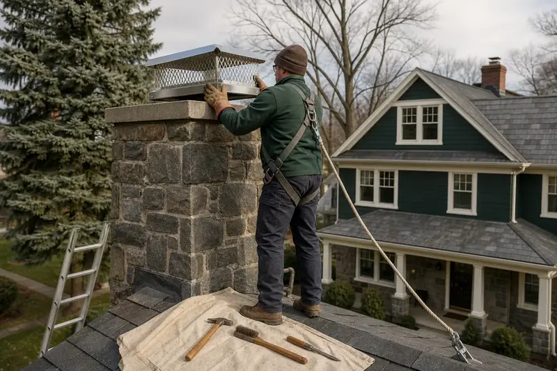 A harnessed technician setting a stainless steel mesh chimney cap onto a stone masonry chimney; illustrative image