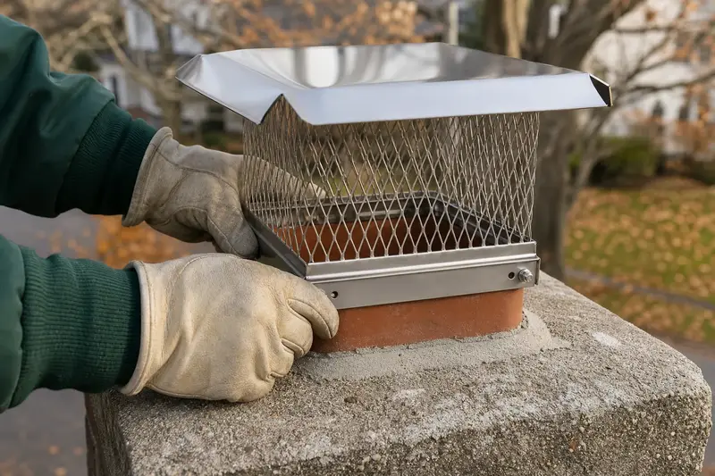 A stainless steel mesh cap seated on a flue above a concrete crown, seen up close; illustrative image