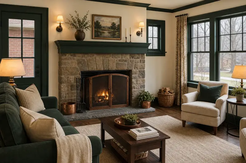 A living room with a factory-built wood-burning fireplace with a stone facing and a small fire behind a screen, no one present; illustrative image