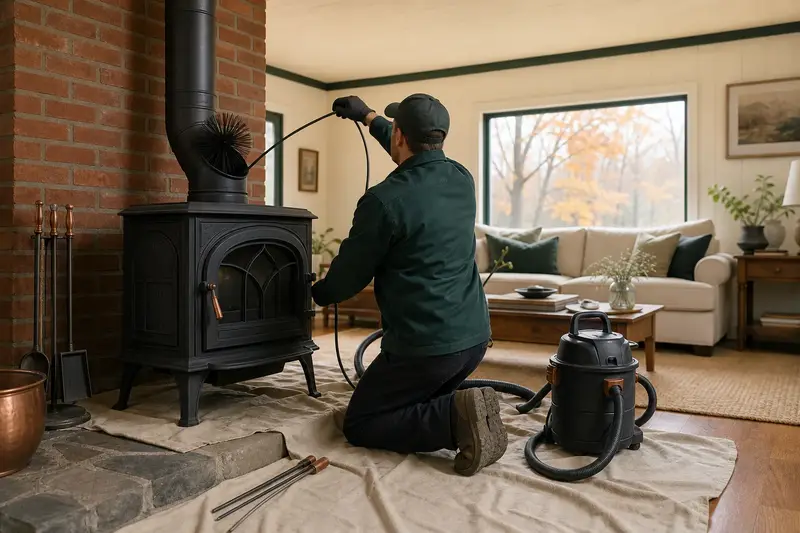 A technician feeding a rotary chimney brush up the flue of a cast-iron wood stove on a stone hearth pad, drop cloths and a sealed vacuum on the hearth; illustrative image