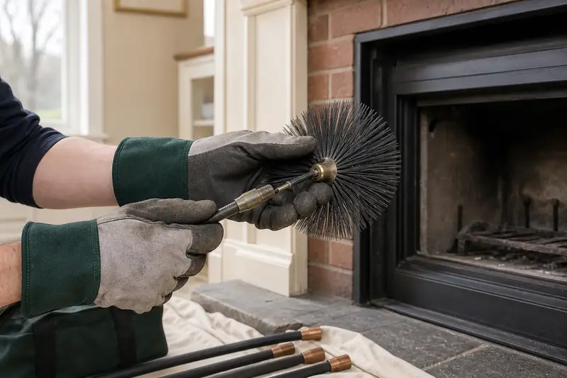 Gloved hands fitting a round wire brush onto a flexible rod at the hearth of a wood-burning insert in a brick opening; illustrative image