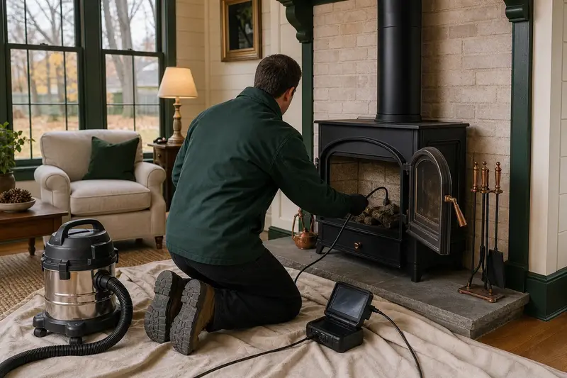 A technician guiding an inspection camera into the firebox of a freestanding gas stove, the fireplace cold and unlit; illustrative image