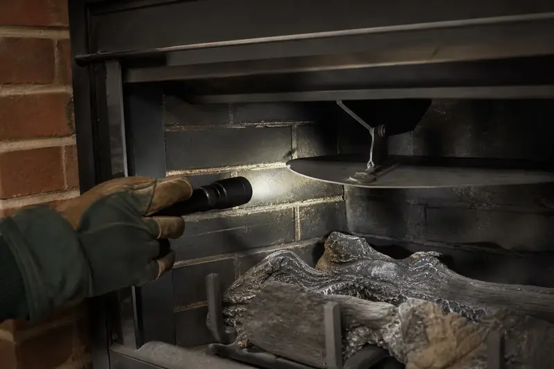 A flashlight beam across the smoke chamber and damper of a vented gas log set in a masonry firebox, a gloved hand holding the light; illustrative image