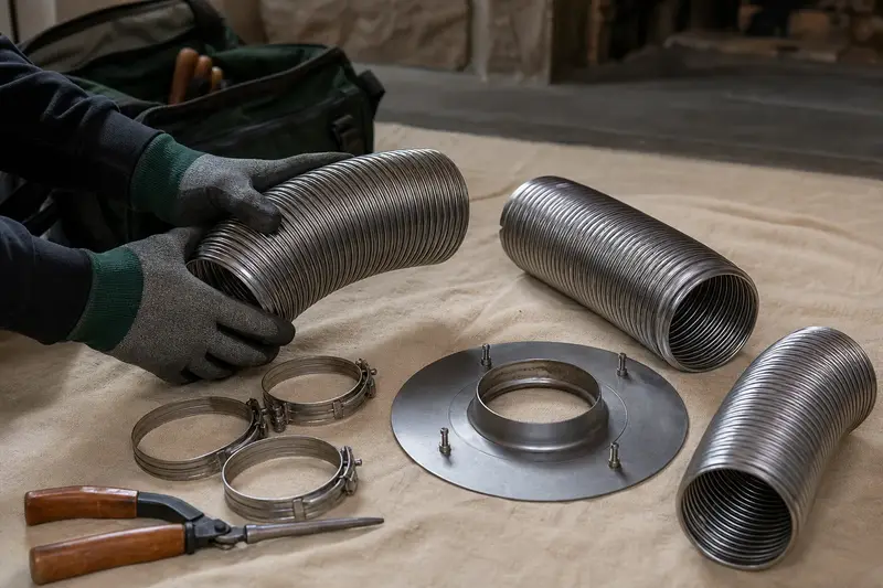 Sections of stainless steel flue liner, clamps and a top plate arranged on a canvas tarp; illustrative image