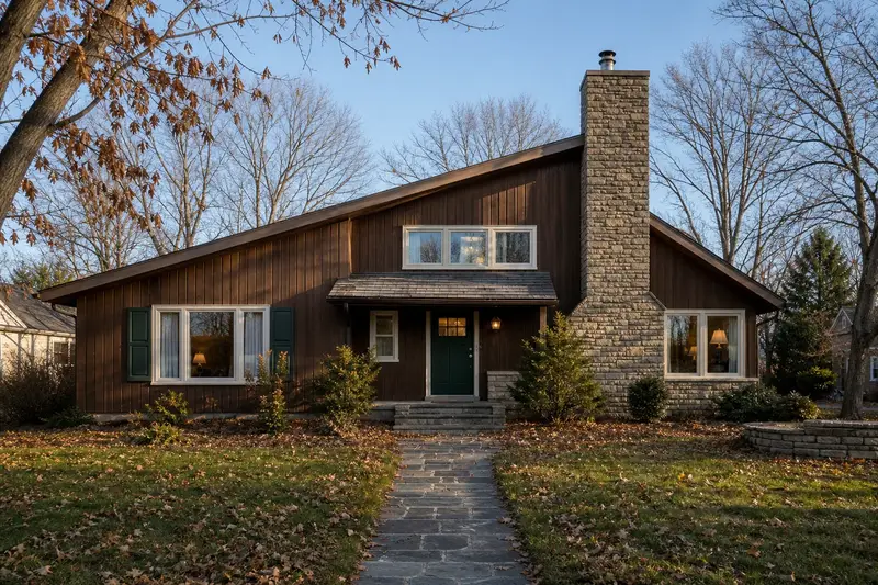 A 1970s cedar-sided contemporary house with a stone masonry chimney and neat, even mortar joints; illustrative image