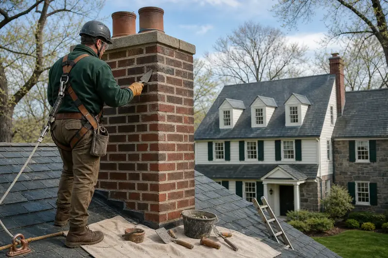 A harnessed mason repointing mortar joints on a two-flue brick chimney on a slate roof with a pointing trowel; illustrative image
