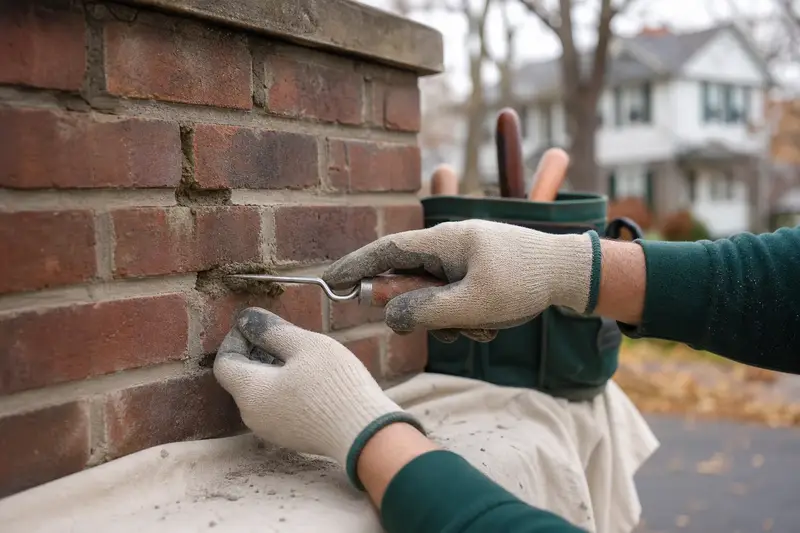 Gloved hands pressing fresh mortar into a raked joint with a tuckpointing trowel; illustrative image