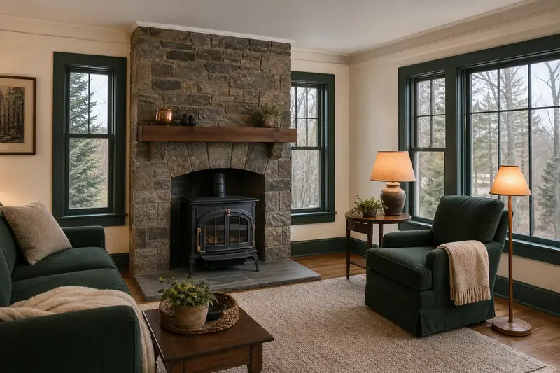 A remodeled living room with a cast-iron wood stove on a stone hearth pad framed by a floor-to-ceiling stone surround; illustrative image