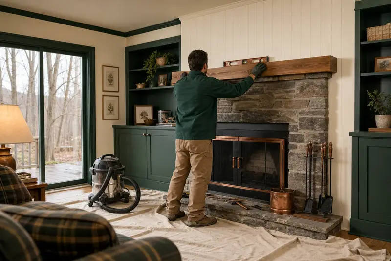 An installer leveling a new wood mantel above a factory-built wood-burning fireplace with a stone facing; illustrative image