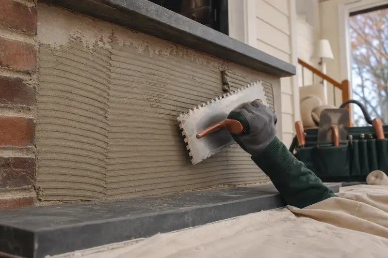 Gloved hands spreading thinset on a fireplace surround before a tile is set; illustrative image