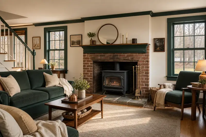 A restored hearth room with a cast-iron wood stove on a stone hearth pad, a clean hearth and brass fireplace tools; illustrative image