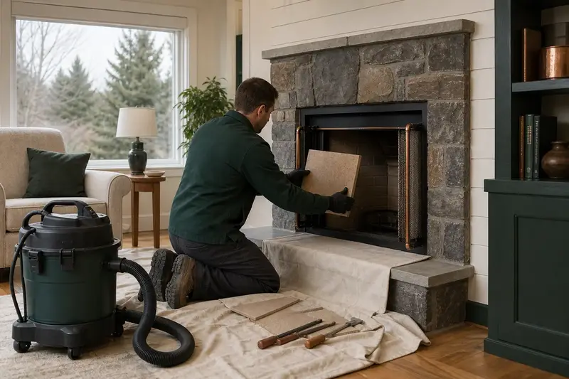A technician fitting a refractory panel into the firebox of a factory-built wood-burning fireplace with a stone facing, the fireplace cold and unlit; illustrative image