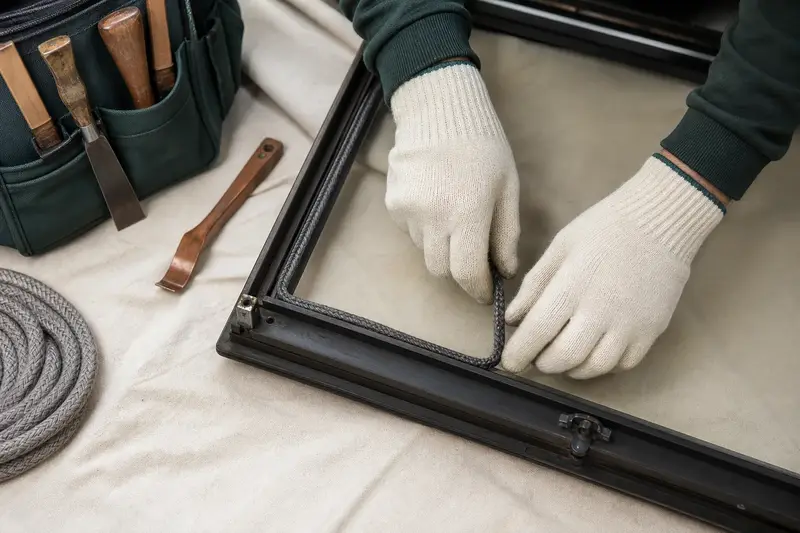 Gloved hands fitting new gasket rope along a fireplace door frame; illustrative image