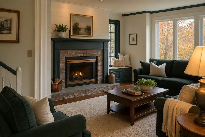 A warm living room with a direct-vent gas fireplace glowing softly behind its glass, no one present; illustrative image