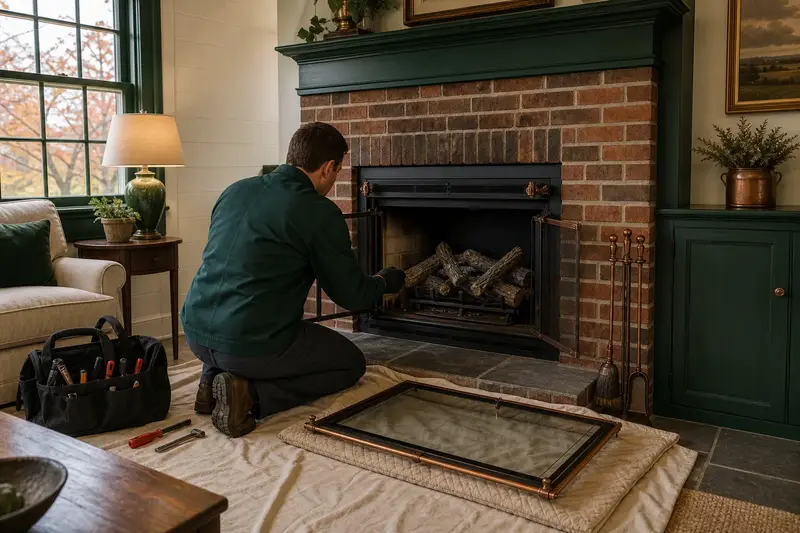 A technician checking the burner and log placement of a gas insert set in a brick opening with the gas off and the glass set aside; illustrative image