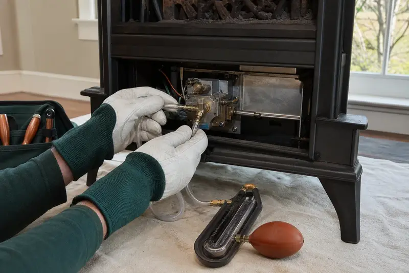Gloved hands holding a manometer probe at the gas valve beneath a freestanding gas stove; illustrative image
