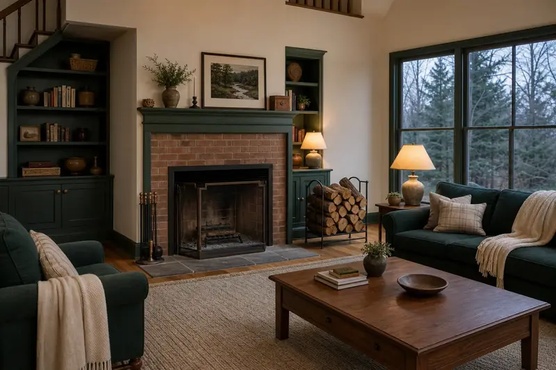 A hearth room with an open masonry wood-burning fireplace, split firewood in a steel rack and a clear hearth; illustrative image