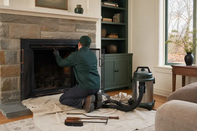 A technician adjusting the damper handle of a factory-built wood-burning fireplace with a stone facing by flashlight, the fireplace cold; illustrative image