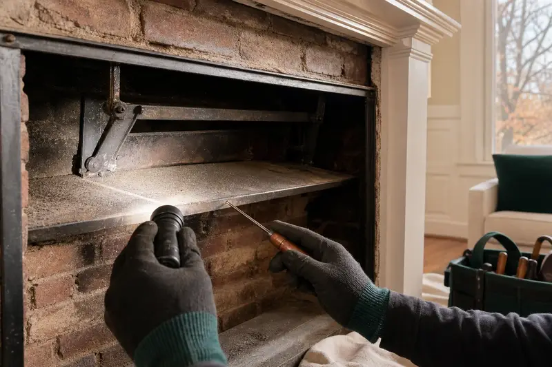 A smoke shelf and damper frame lit by a flashlight beam; illustrative image