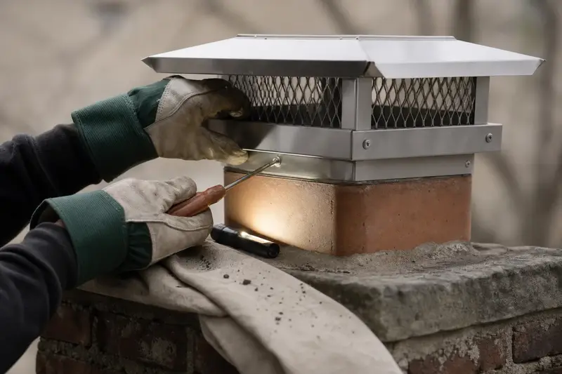Gloved hands tightening the mounting screws of a stainless steel cap on a flue; illustrative image