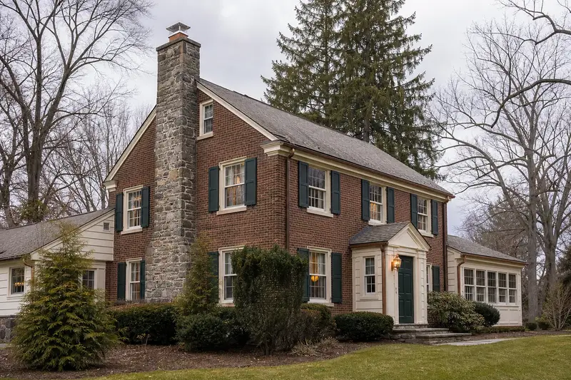 A 1950s brick colonial with a stone masonry chimney and a stainless steel cap; illustrative image
