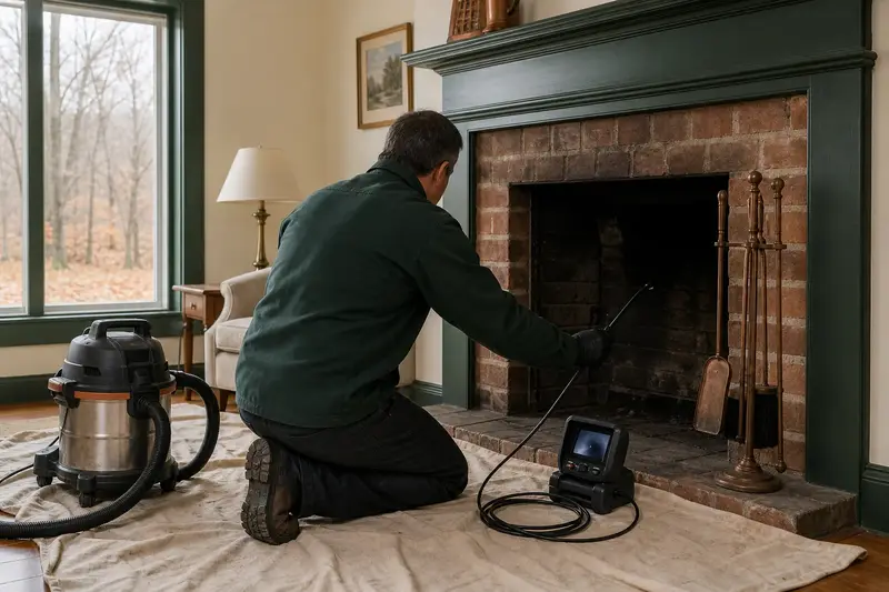 A technician guiding an inspection camera into the firebox of an open masonry wood-burning fireplace, the fireplace cold and unlit; illustrative image