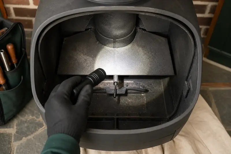 A flashlight beam across the smoke chamber and damper of a freestanding gas stove, a gloved hand holding the light; illustrative image