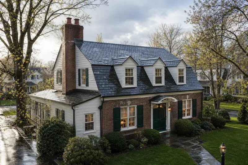 A 1950s Dutch colonial house after a cold rain with a two-flue brick chimney on a slate roof, wet roofs and clear gutters; illustrative image