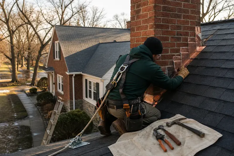A harnessed technician checking the step flashing where a tall brick chimney on a steep gable roof meets the roof; illustrative image