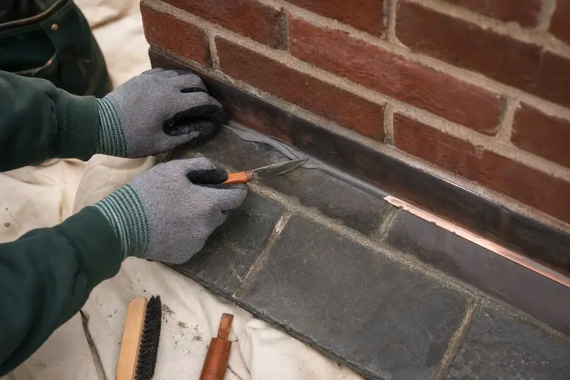 Gloved hands resealing the counter-flashing joint at the base of a brick chimney; illustrative image