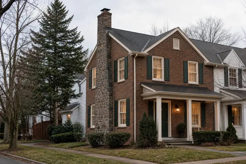 A 1950s brick twin home with a stone masonry chimney and neat mortar joints; illustrative image