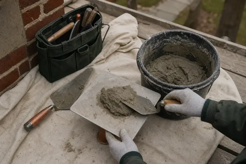A mortar hawk, trowels and a bucket of mixed mortar set on a roof work platform; illustrative image