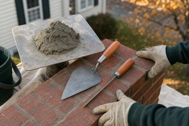 A mortar hawk, pointing trowel and jointer resting on sound brick at a chimney shoulder; illustrative image
