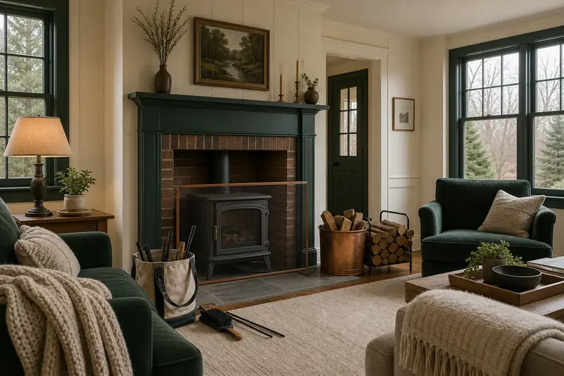 A lived-in family room with a freestanding gas stove, seasoned firewood and wool throws; illustrative image