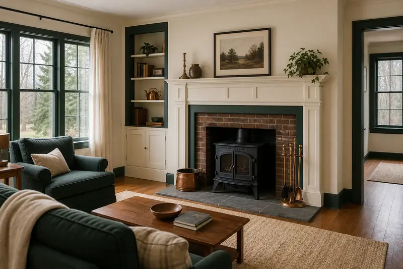A restored hearth room with a cast-iron wood stove on a stone hearth pad, a clean hearth and brass fireplace tools; illustrative image