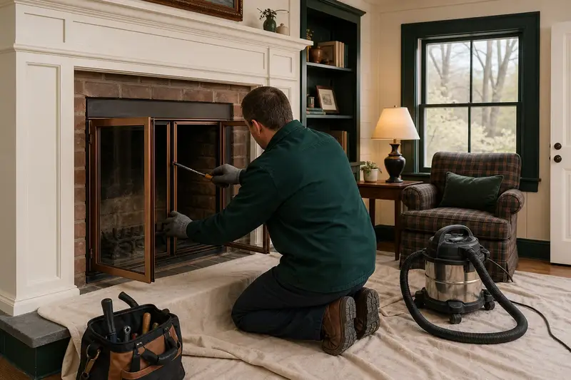 A technician adjusting the glass doors of an open masonry wood-burning fireplace with a hand tool, the fireplace unlit; illustrative image