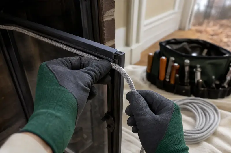Gloved hands fitting new gasket rope along a fireplace door frame; illustrative image