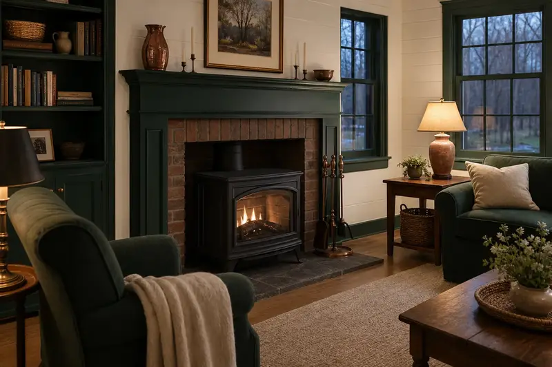 A living room with a freestanding gas stove glowing warmly behind glass, no one present; illustrative image