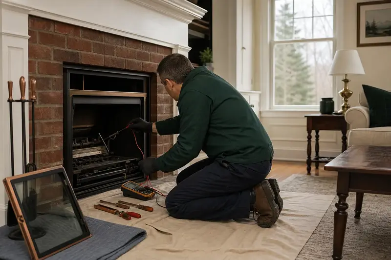 A technician testing the igniter of a gas insert set in a brick opening with the glass front set aside; illustrative image