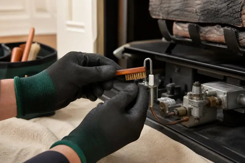 Gloved hands cleaning the spark igniter beside a pilot assembly; illustrative image
