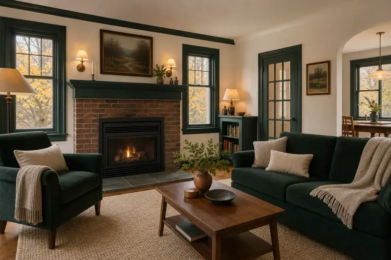 A warm living room with a gas insert set in a brick opening glowing softly behind its glass, no one present; illustrative image