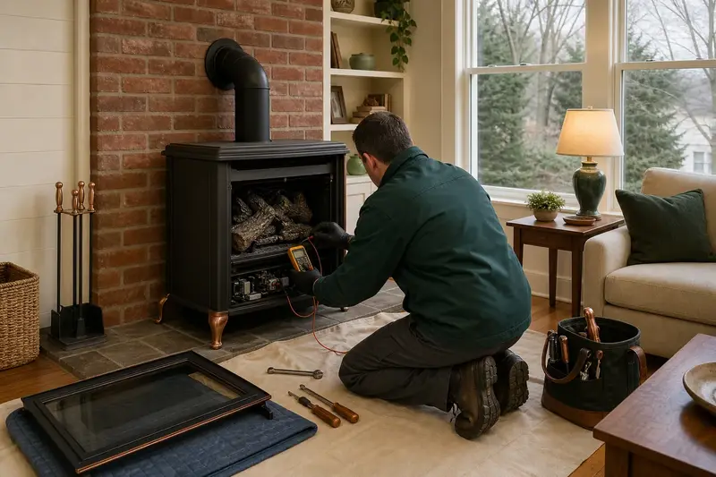 A technician kneeling at a freestanding gas stove with the glass front removed, testing the controls with a multimeter; illustrative image