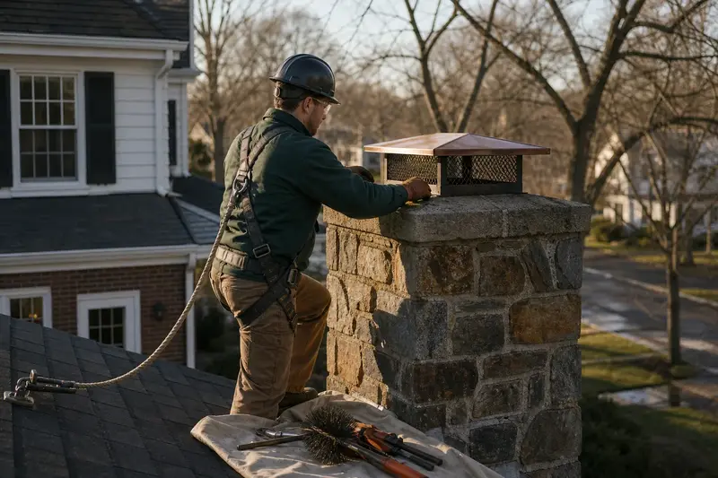 A harnessed technician checking the cap and crown of a stone masonry chimney before the heating season; illustrative image