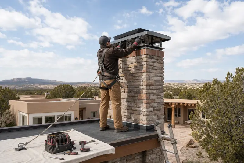 A harnessed technician fastening a multi-flue cap over the crown of a stacked-stone chimney with a steel cap; illustrative image